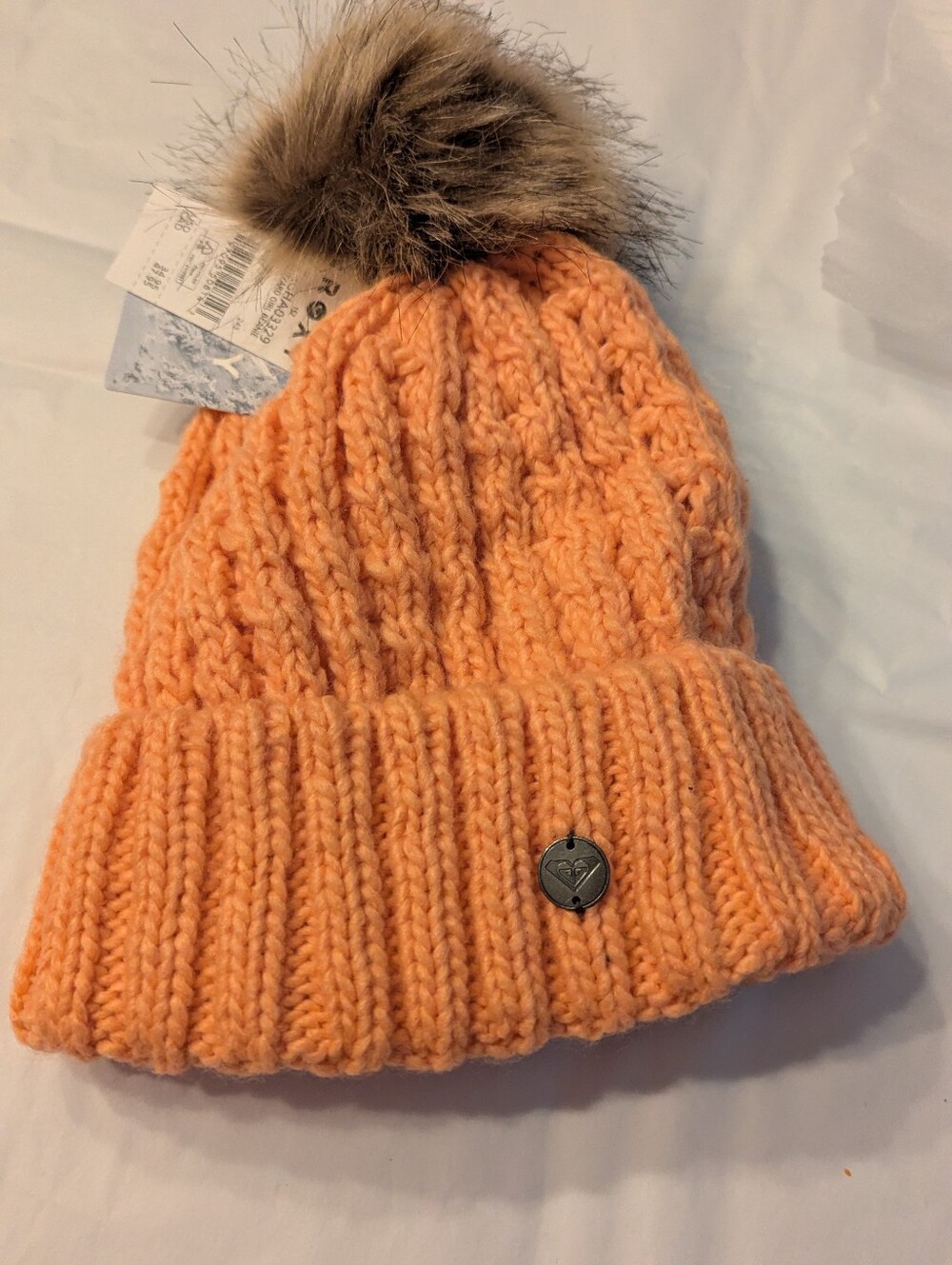 Roxy Teen Girls Peach Knit Blizzard Fleece Lined Beanie with Faux Fur Pom NWT